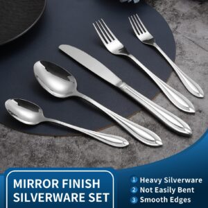 Silverware Set for 4, 20-Piece Flatware Set Include Spoons And Forks Set, Stainless Steel Cutlery Set with Line Pattern, Mirror Polished, Dishwasher Safe.