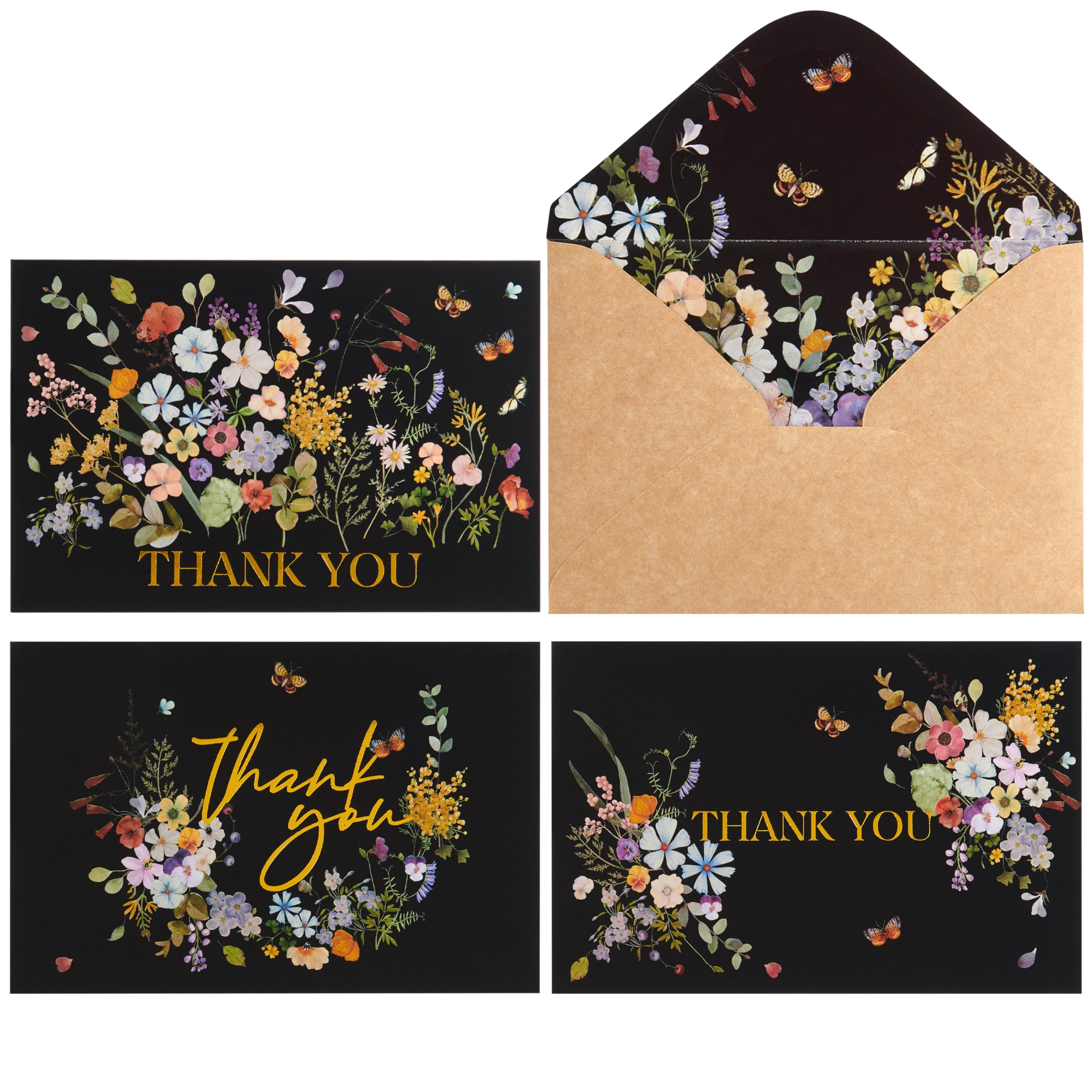 Crisky Black Floral Thank You Cards with Envelopes 50 Pack bulk 4x6 Inch Kraft envelopes Gold Foil Flower Greeting Cards For Baby Shower, Wedding, Bridal Shower, Graduation, 3 assortment