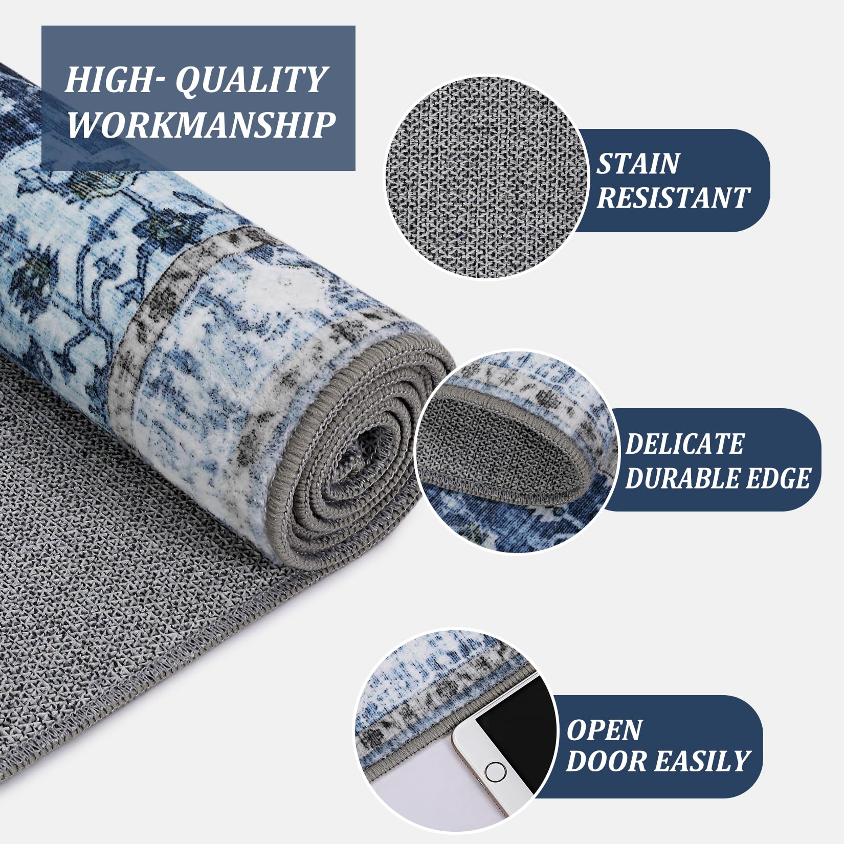 MilleLoom 10x13 Area Rugs, Stain Resistant Washable Rugs with Non-Slip Backing, Large Rugs for Living Room, Bedroom - Soft & Low Pile Vintage Area Rug,Blue