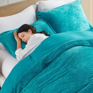 Hearth & Harbor Premium Flannel Duvet Cover Set - 3 PC Reversible King Comforter Cover Set with Microfiber Back - 1 Velvet Duvet Cover King & 2 Pillow Shams 104 x 90 inches - Teal