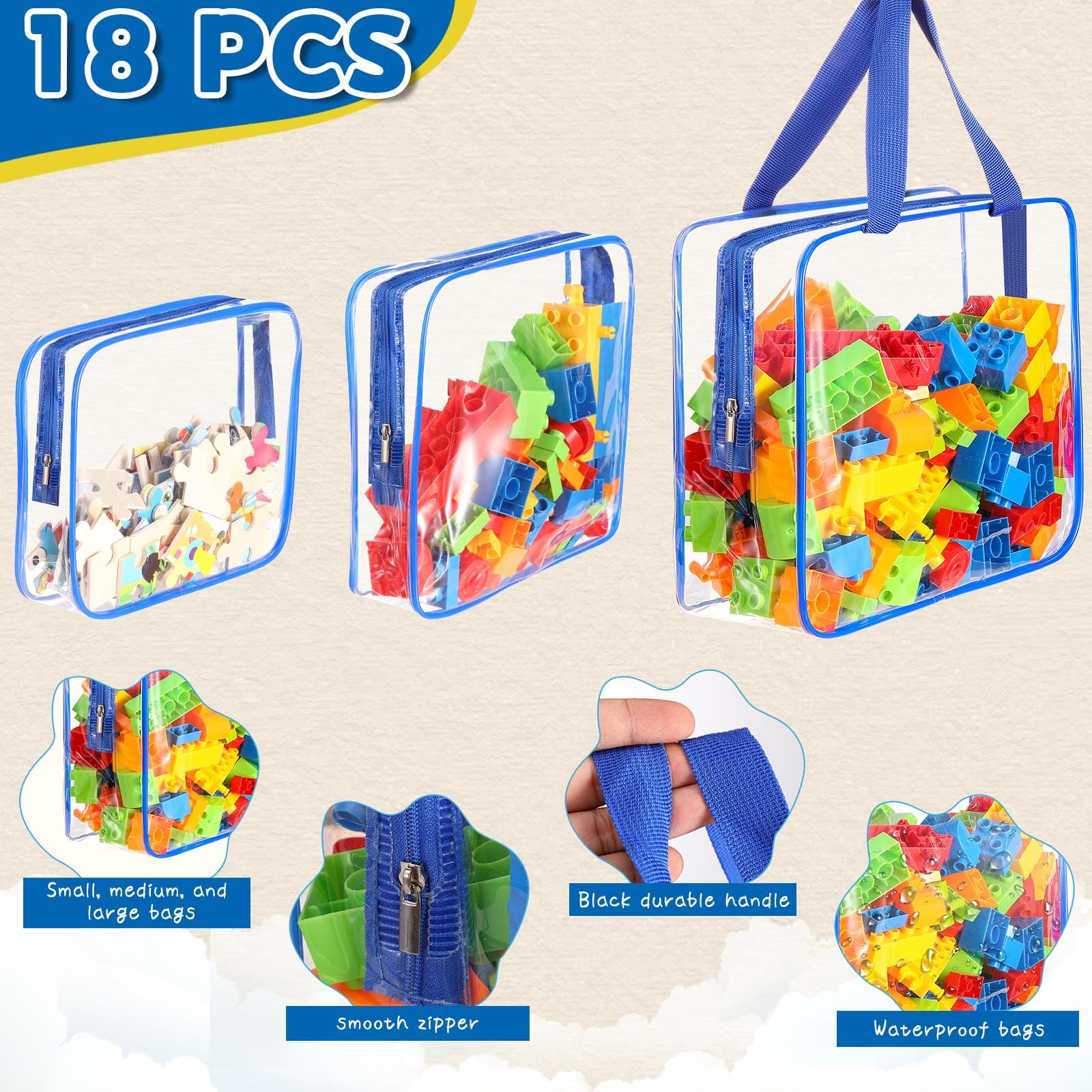 18 Packs Large Toy Storage Bags with Labels, Clear PVC Bags Travel Waterproof Kids Toy Organizer Bags with Zipper for Building Blocks Puzzle Kids Books (Blue)