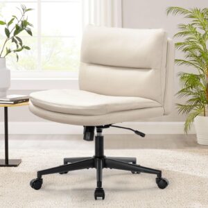 YASHFU Armless Leather Wide Office Desk Chair with Wheels: Cute Criss Cross Chair with Wheels, Leather Comfy Adjustable Swivel Computer Task Chairs for Home, Office,Make Up,Bed Room (Beige)