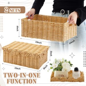 Sintuff 2 Pieces Hand Woven Rattan Basket with Lid Scalloped Storage Basket 2 Sizes Multipurpose Wicker Basket Large Decorative Storage Box for Shelf Closet, Natural