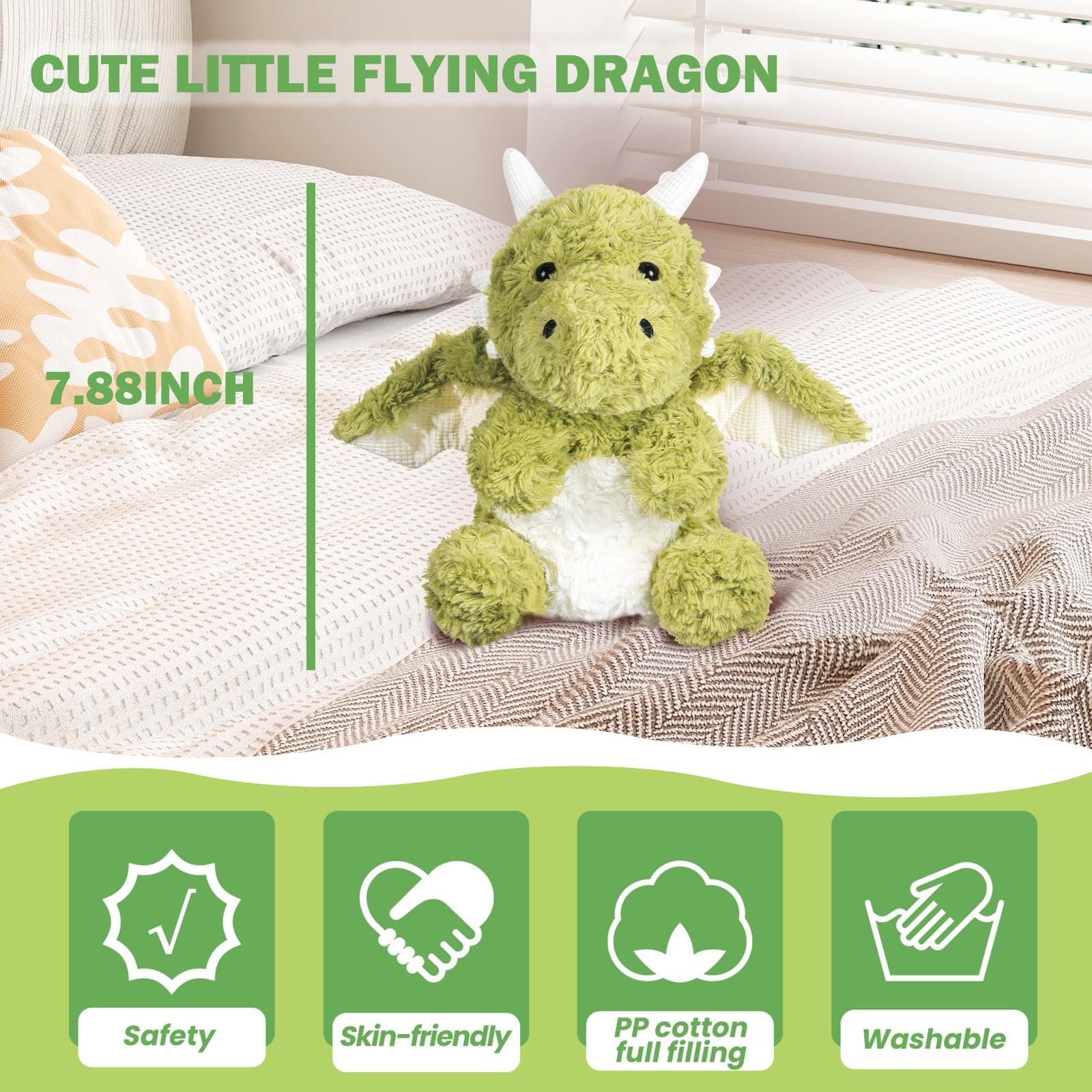 EOUOBOMO Little Flying Dragon Plush,Cute Dinosaur Stuffed Animals Pillow,Kawaii Fire Dragon Animal Plushies Toy, for Adults and Kids,7.88",Green