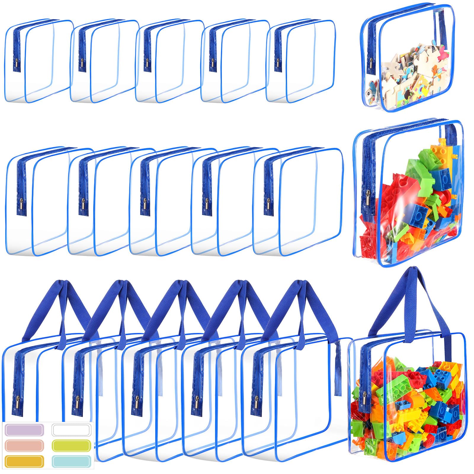 18 Packs Large Toy Storage Bags with Labels, Clear PVC Bags Travel Waterproof Kids Toy Organizer Bags with Zipper for Building Blocks Puzzle Kids Books (Blue)