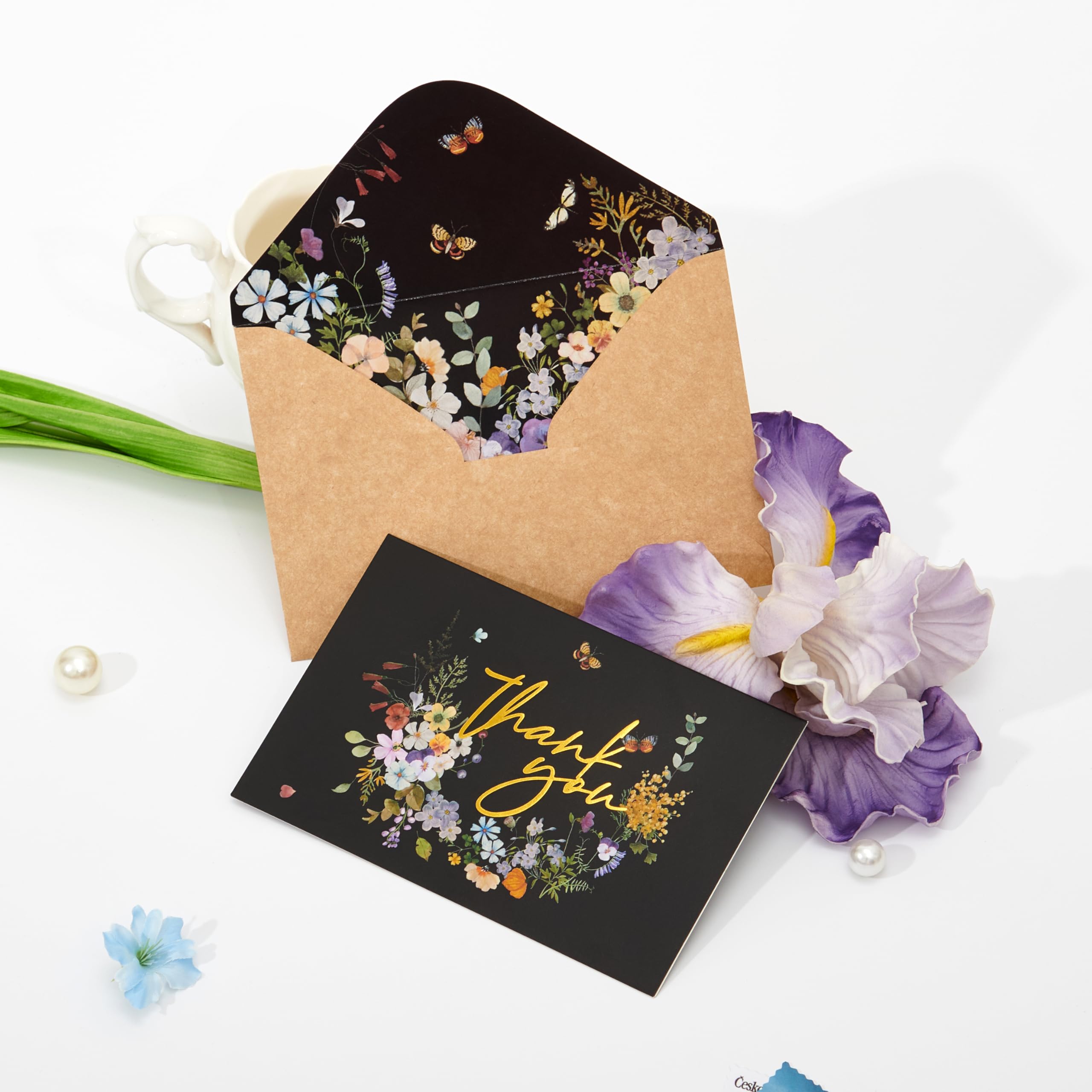 Crisky Black Floral Thank You Cards with Envelopes 50 Pack bulk 4x6 Inch Kraft envelopes Gold Foil Flower Greeting Cards For Baby Shower, Wedding, Bridal Shower, Graduation, 3 assortment