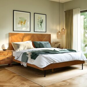 Acacia Alander King Bed Frame and Headboard Solid Wood Platform Bed, Scandinavian Signature Wood Bed Compatible with All Mattress Types, Bed Frame King Bedroom Furniture, Wood Slats Support, Walnut