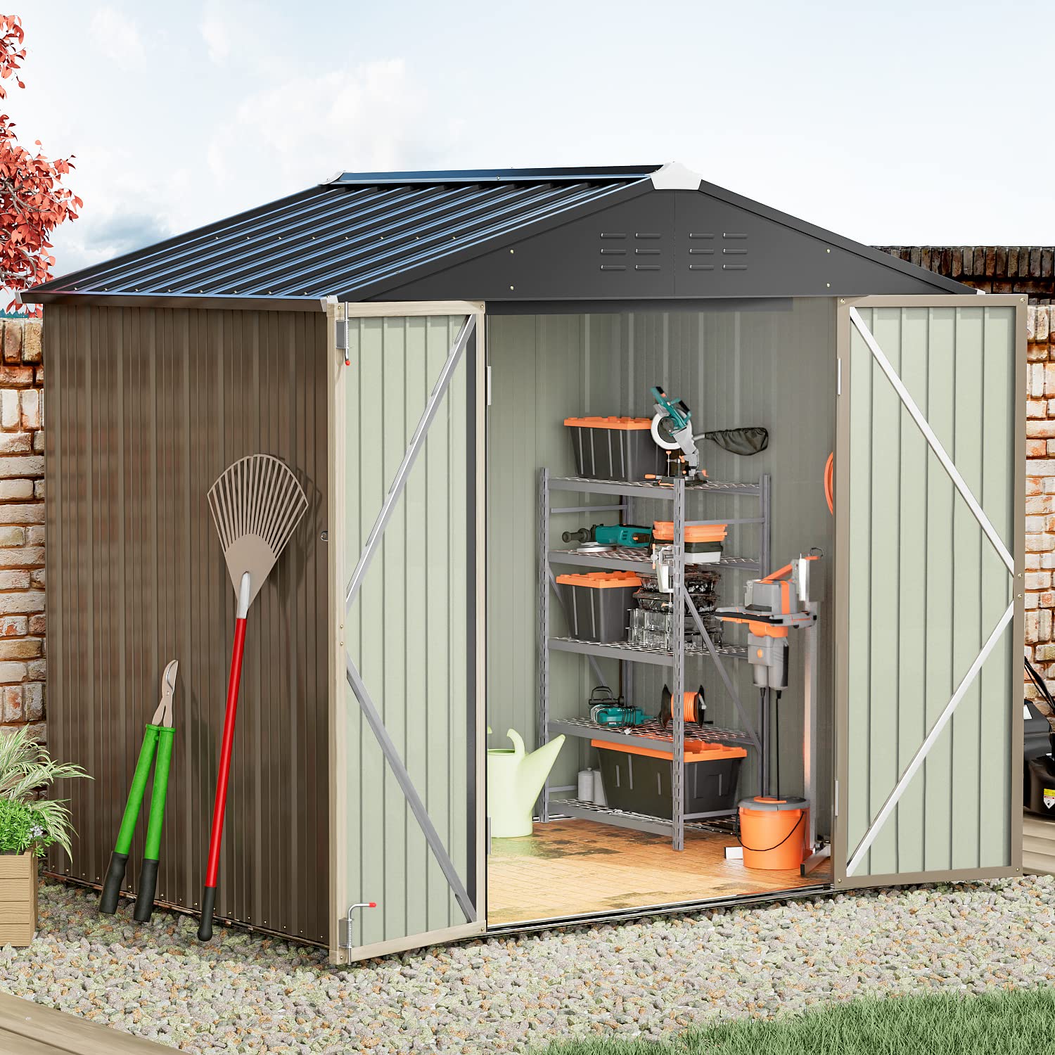 Greesum Metal Outdoor Storage Shed 8FT x 6FT, Steel Utility Tool Shed Storage House with Door & Lock, Metal Sheds Outdoor Storage for Backyard Garden Patio Lawn (8’x 6'), Brown