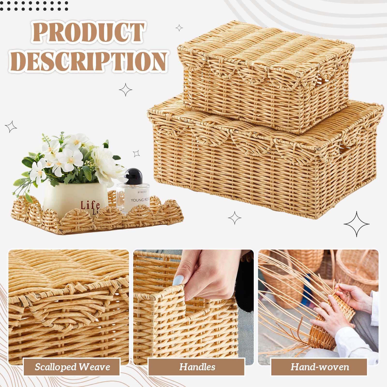 Sintuff 2 Pieces Hand Woven Rattan Basket with Lid Scalloped Storage Basket 2 Sizes Multipurpose Wicker Basket Large Decorative Storage Box for Shelf Closet, Natural