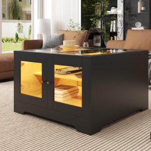 fameill square led coffee table with storage space, modern black wooden coffee table with glass, living room central table, cocktail table for living room, conference room and bedroom