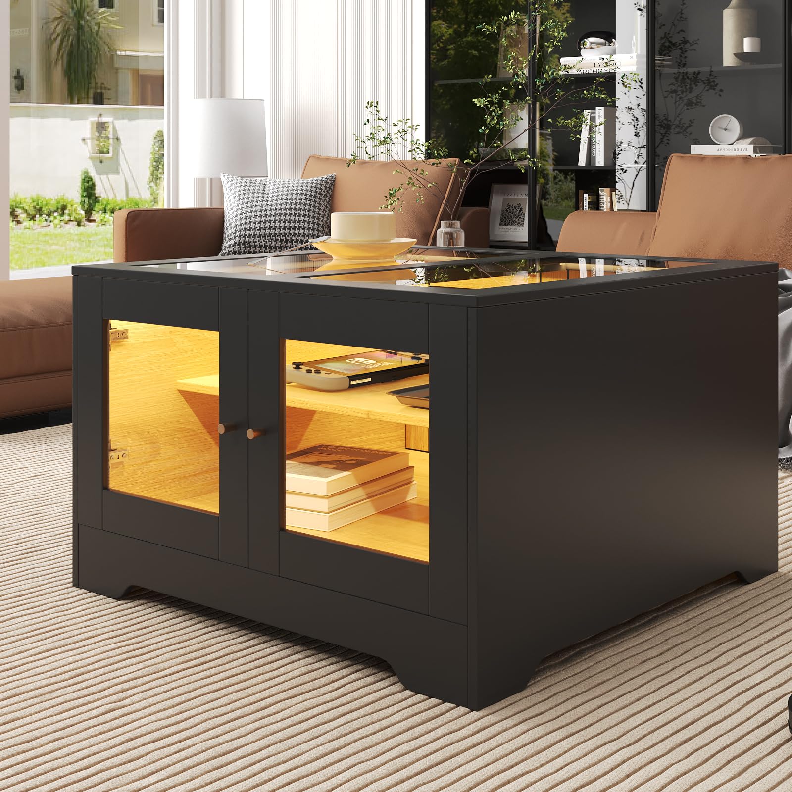 Fameill Square LED Coffee Table with Storage Space, Modern Black Wooden Coffee Table with Glass, Living Room Central Table, Cocktail Table for Living Room, Conference Room and Bedroom