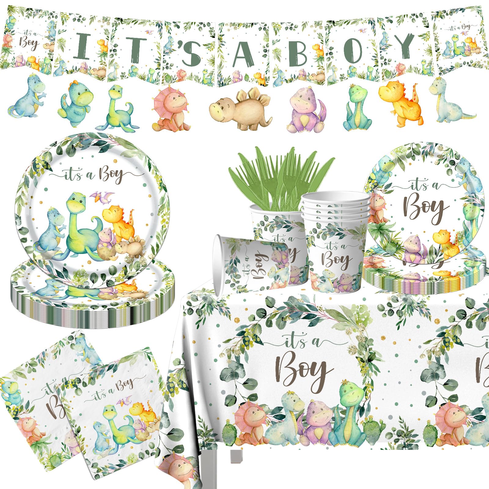 Dinosaur Birthday Party Decorations It's a Boy Baby Shower Party Supplies Disposable Dino Plates Napkins Banner Tablecloth Dinosaur Baby Boy Shower Decorations for 20 Guests