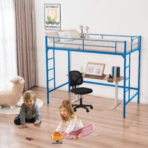 Pipleo Loft Bed Twin Size Metal Frame, Multifunctional Loft Bed with Ladder and Guardrail, Space-Saving, Modern Industrial Style, No Box Spring Needed