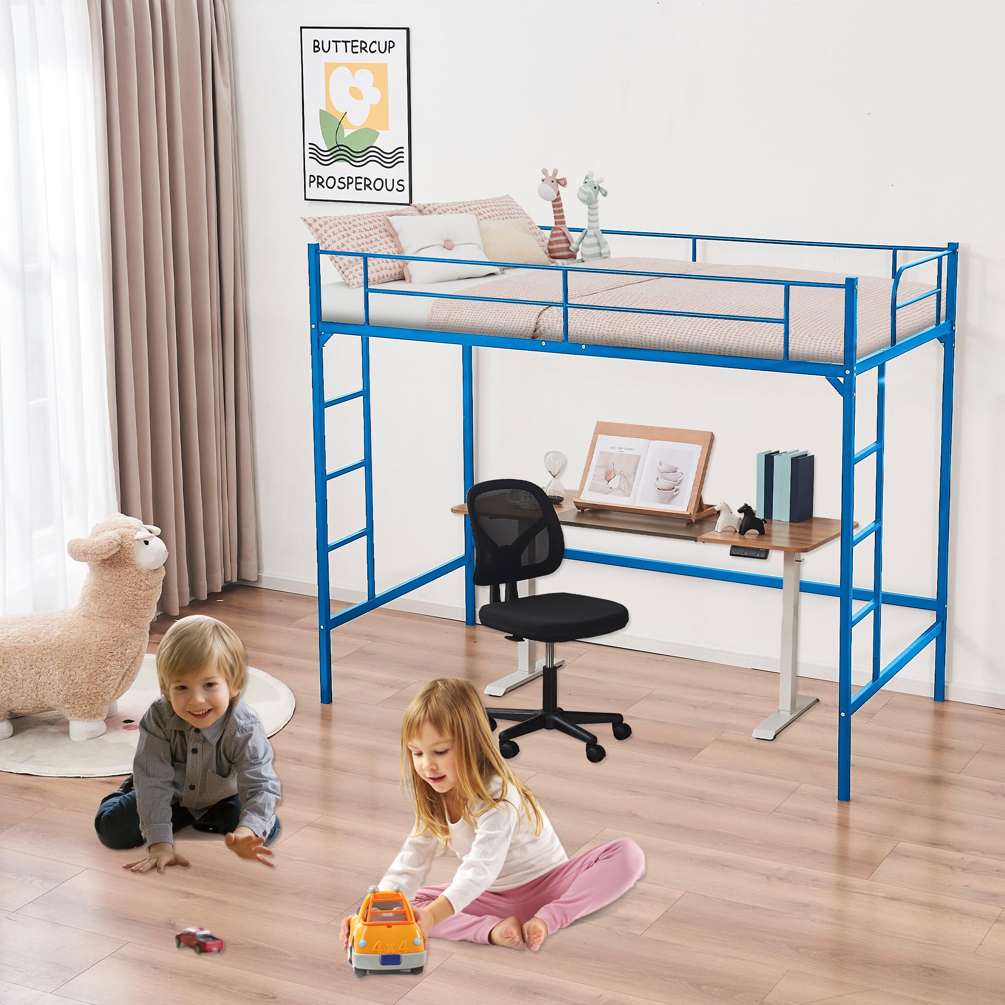 Pipleo Loft Bed Twin Size Metal Frame, Multifunctional Loft Bed with Ladder and Guardrail, Space-Saving, Modern Industrial Style, No Box Spring Needed