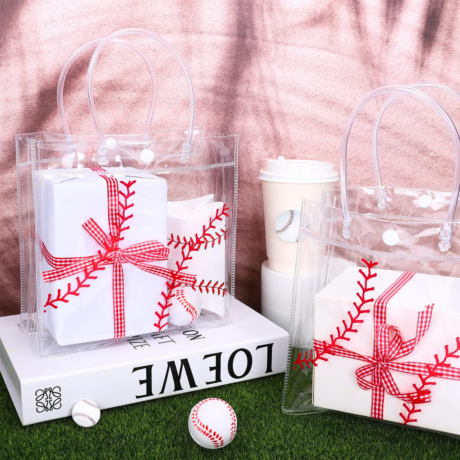 Whaline 12Pcs Baseball Clear PVC Gift Bags Sports Ball Party Favor Bags with Handles Treat Tote Bags for Birthday Holiday Baby Shower, 7.9 x 3.9 x 7.9 Inch