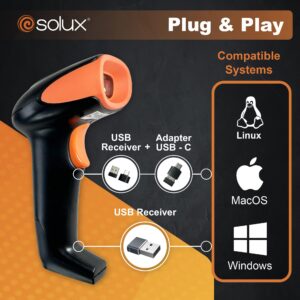 SOLUX 1D 2D Compact Barcode Scanner - Barcode Scanner Wireless & Wired QR Code Scanner - Bluetooth Scanner with USB & USB-C Receiver - Wireless Scanner Barcode Plug & Play