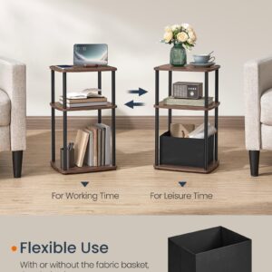 SONGMICS HOME Side Table, Nightstand, End Table with 3 Storage Shelves, Fabric Basket, for Bedroom, Living Room, Steel Frame, 11.8 x 13.4 x 22.8 Inches, Industrial, Ebony Walnut ULET286K01