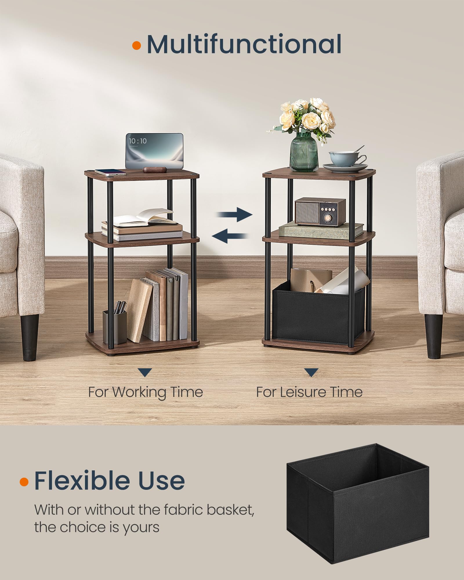 SONGMICS HOME Side Table, Nightstand, End Table with 3 Storage Shelves, Fabric Basket, for Bedroom, Living Room, Steel Frame, 11.8 x 13.4 x 22.8 Inches, Industrial, Ebony Walnut ULET286K01