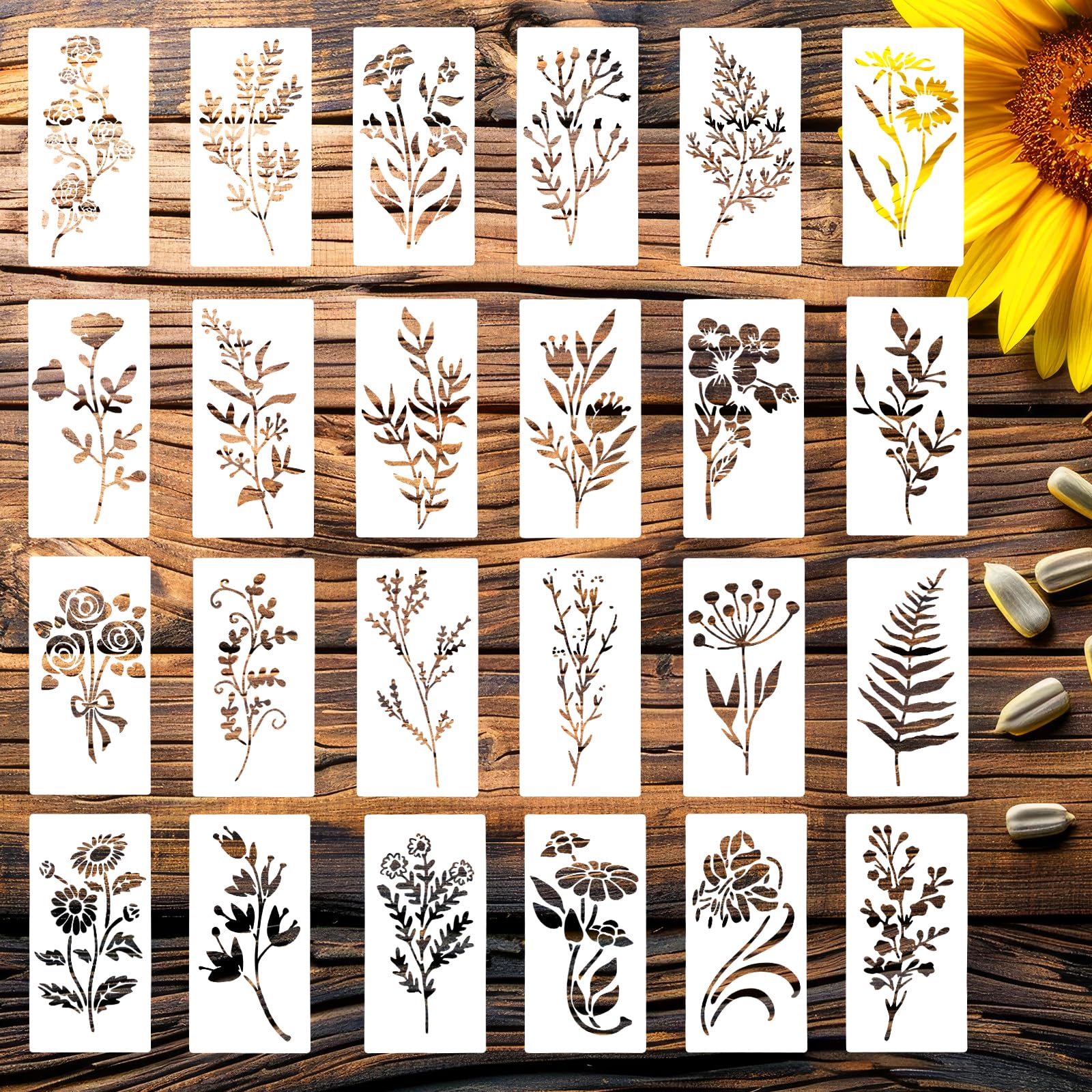 LLOUSSAK 24Pcs Wildflower Stencils for Painting, Leaf Stencils for Flower Leaf Crafts, Herb Plant Painting Stencils for Art Wood Wall Door Canvas Home Decor(5.9" x 2.95")