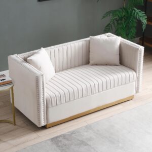 Nestglow Modern Vertical Channel Tufted Sofa Couch, 61.4‘’ Velvet Loveseat Sofa, Luxury 2-seat Comfy Couch with 2 Pillows and Gold Metal Legs for Living Room, Bedroom, Apartment, Beige