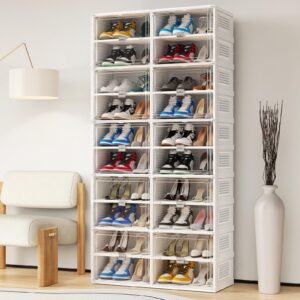 broview 10 tiers 40 pairs heavy duty shoe storage and organizer, hard plastic stackable shoe box, shoe cabinet storage for entryway, large shoe storage bins, shoe rack with magnetic door folding