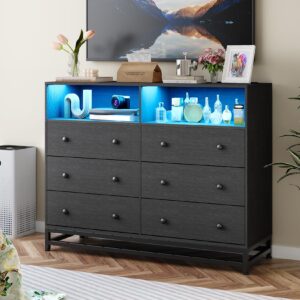 garveehome 6 drawer double dresser tv stand, bedroom dresser with power outlet & led light, wood dresser for room, hallway, black