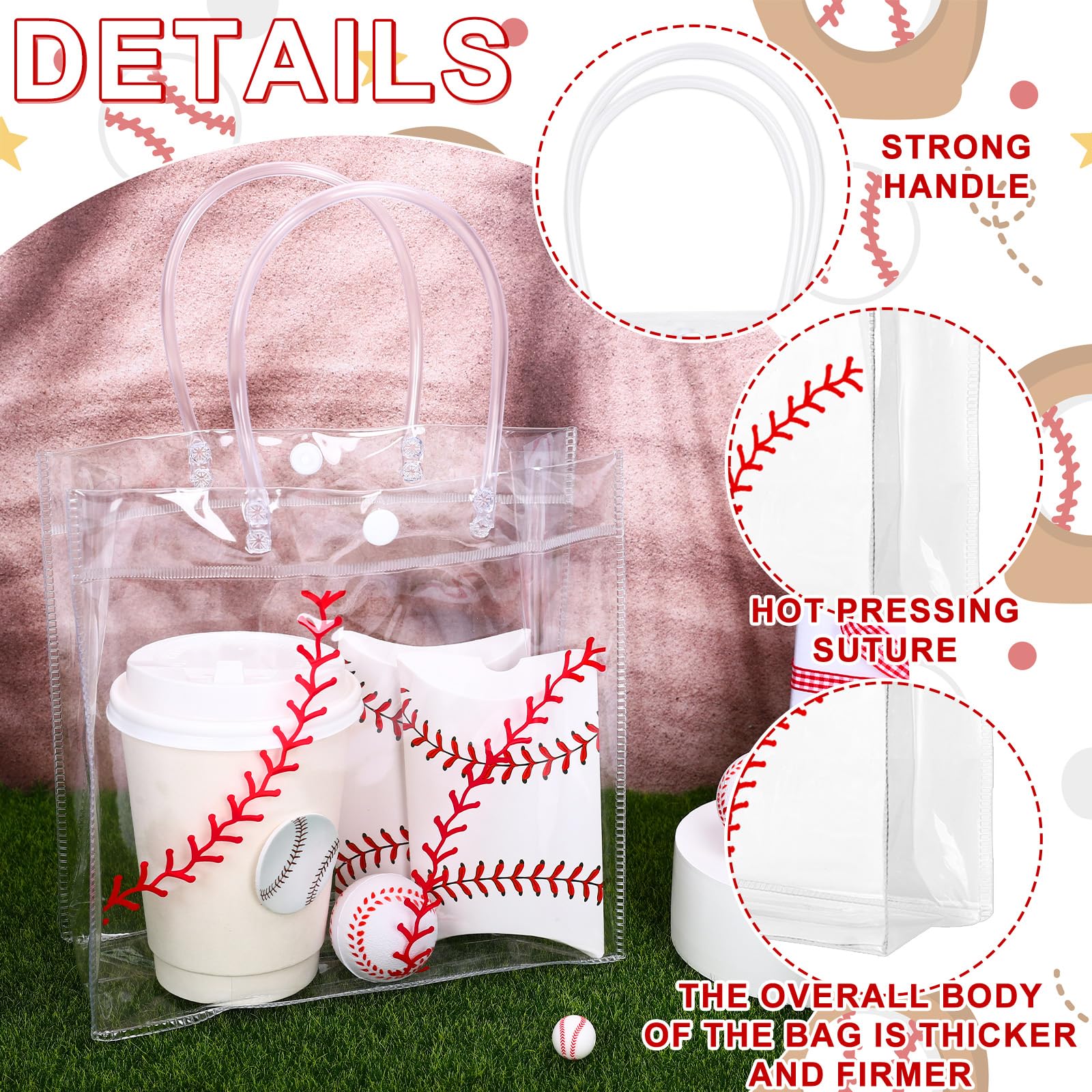 Whaline 12Pcs Baseball Clear PVC Gift Bags Sports Ball Party Favor Bags with Handles Treat Tote Bags for Birthday Holiday Baby Shower, 7.9 x 3.9 x 7.9 Inch