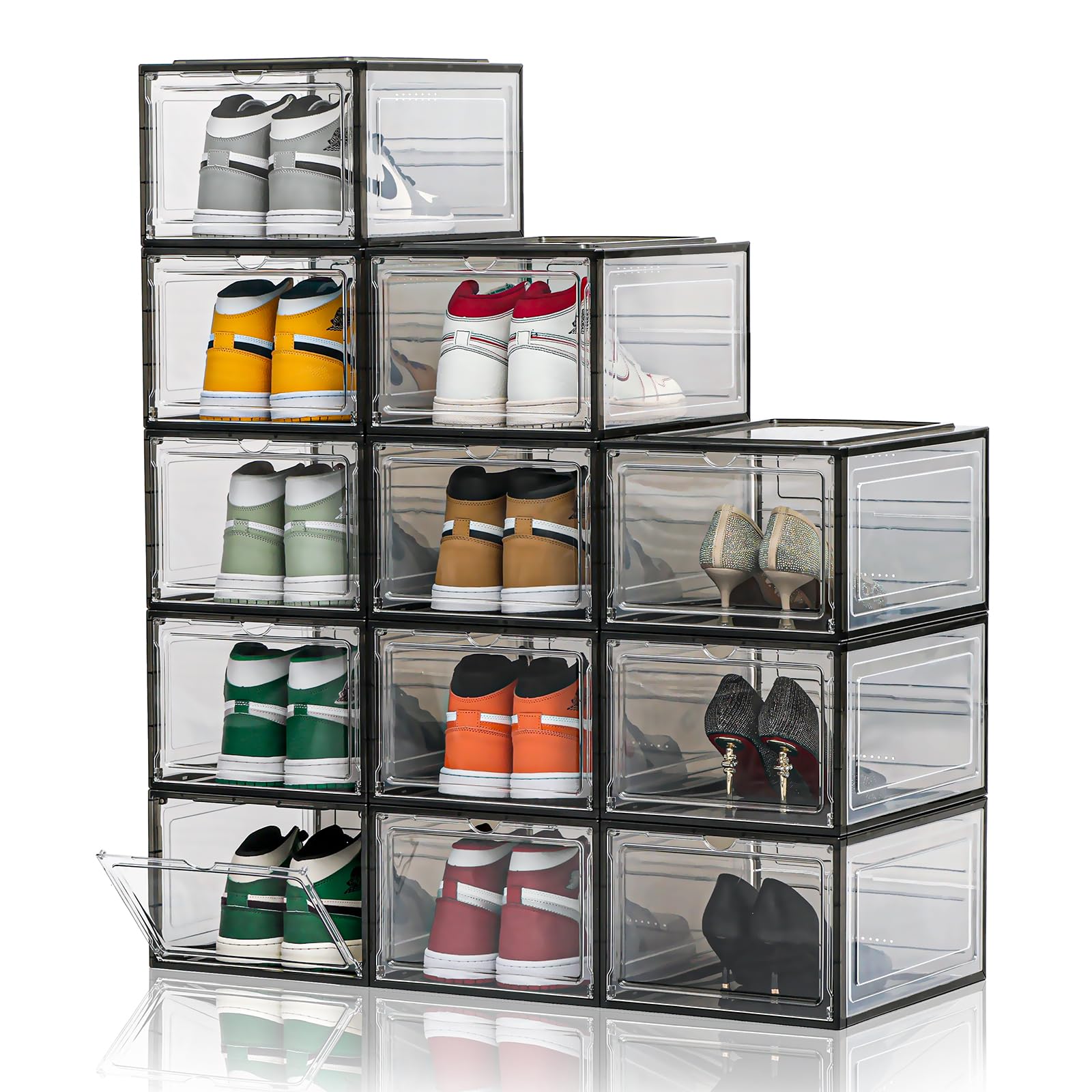 Upgraded X-Large 12 Pack Clear Shoe Storage Organizer,Stackable Shoe Rack for Closet,Plastic Shoe Boxes with Magnetic Door,Shoe Containers For Sneaker Display,Fit up to US Size13