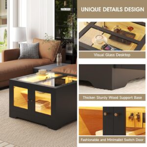 Fameill Square LED Coffee Table with Storage Space, Modern Black Wooden Coffee Table with Glass, Living Room Central Table, Cocktail Table for Living Room, Conference Room and Bedroom