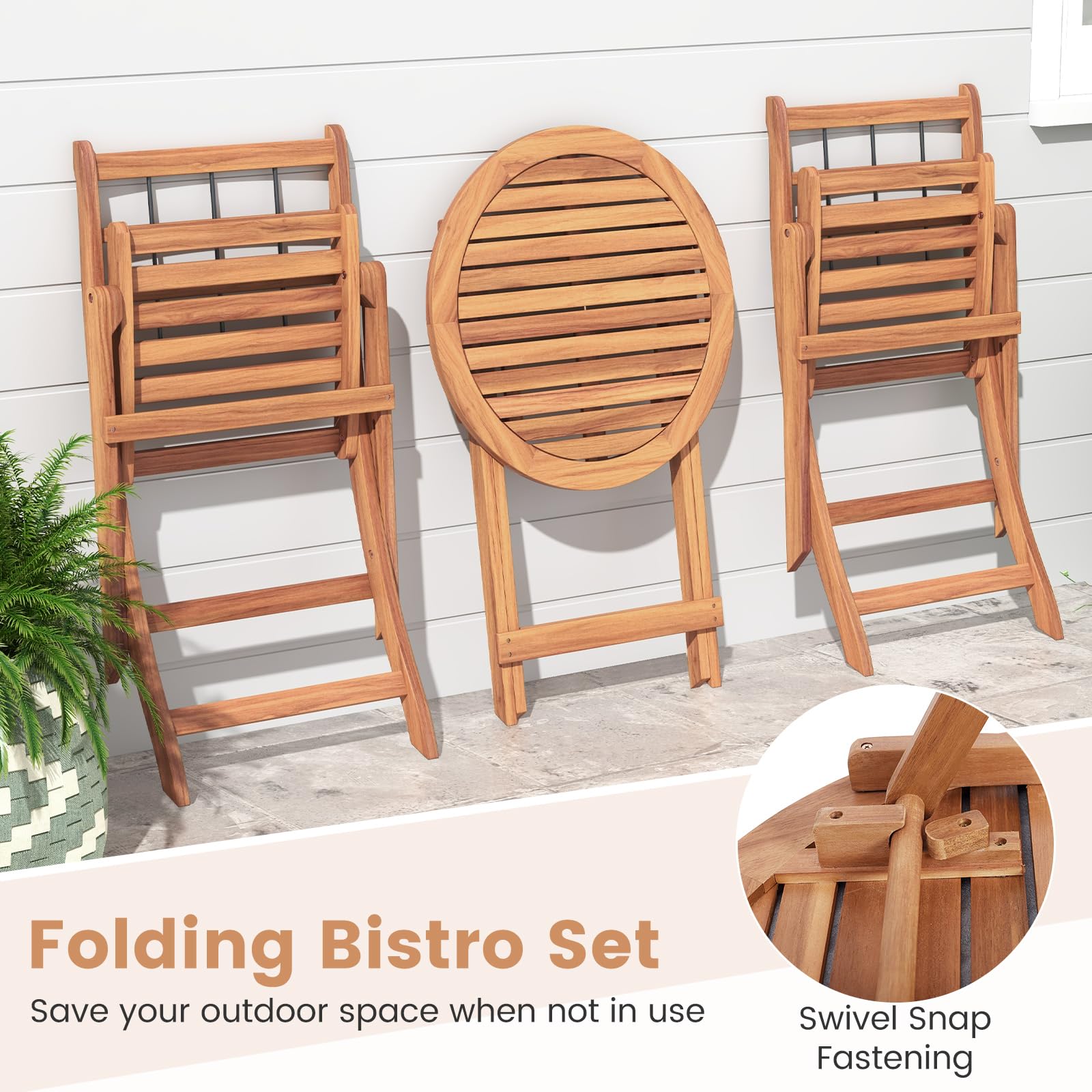 HAPPYGRILL 3 Pieces Acacia Wood Patio Bistro Set, Folding Outdoor Table and Chairs Set with Cushions, Outdoor Patio Furniture Set for Porch, Balcony, Deck, Garden, Backyard