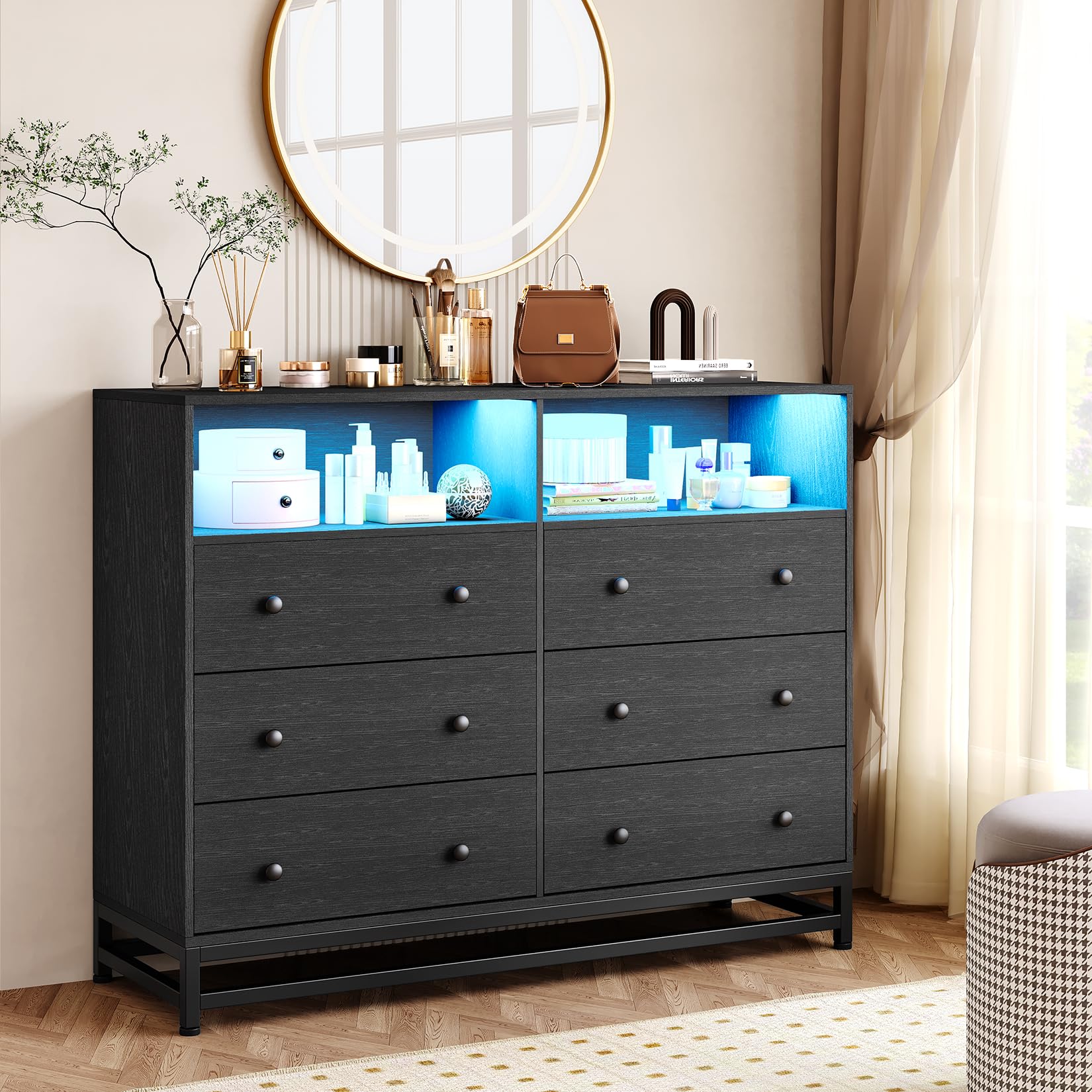 GarveeHome 6 Drawer Double Dresser TV Stand, Bedroom Dresser with Power Outlet & LED Light, Wood Dresser for Room, Hallway, Black