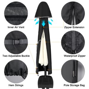 FIOBEE Patio Umbrella Cover for 9ft to 13ft Cantilevers Offset Umbrella or Market Umbrella 600D Waterproof Outdoor Parasol Cover with Rod Patio Furniture Covers, Black