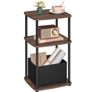 songmics home side table, nightstand, end table with 3 storage shelves, fabric basket, for bedroom, living room, steel frame, 11.8 x 13.4 x 22.8 inches, industrial, ebony walnut ulet286k01