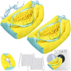 shoe washing machine bag, 2 pack laundry shoe bags for washer and dryer, sturdy zipper,dry net bag included, reusable shoe washing bag for sneaker, yellow 2pcs