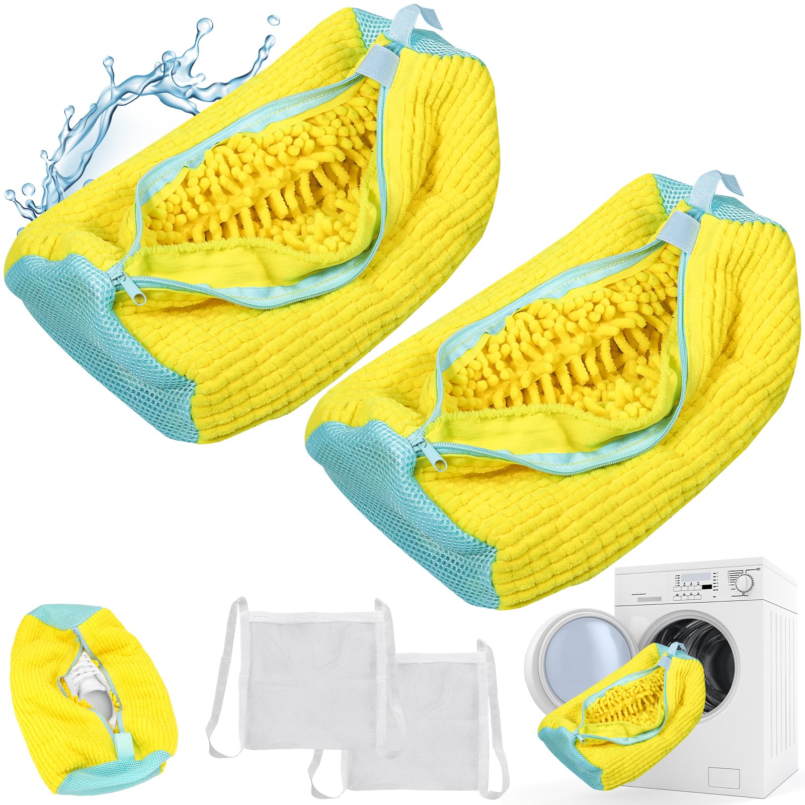 Shoe Washing Machine Bag, 2 Pack Laundry Shoe Bags for Washer and Dryer, Sturdy Zipper,Dry Net Bag Included, Reusable Shoe Washing Bag for Sneaker, Yellow 2PCS