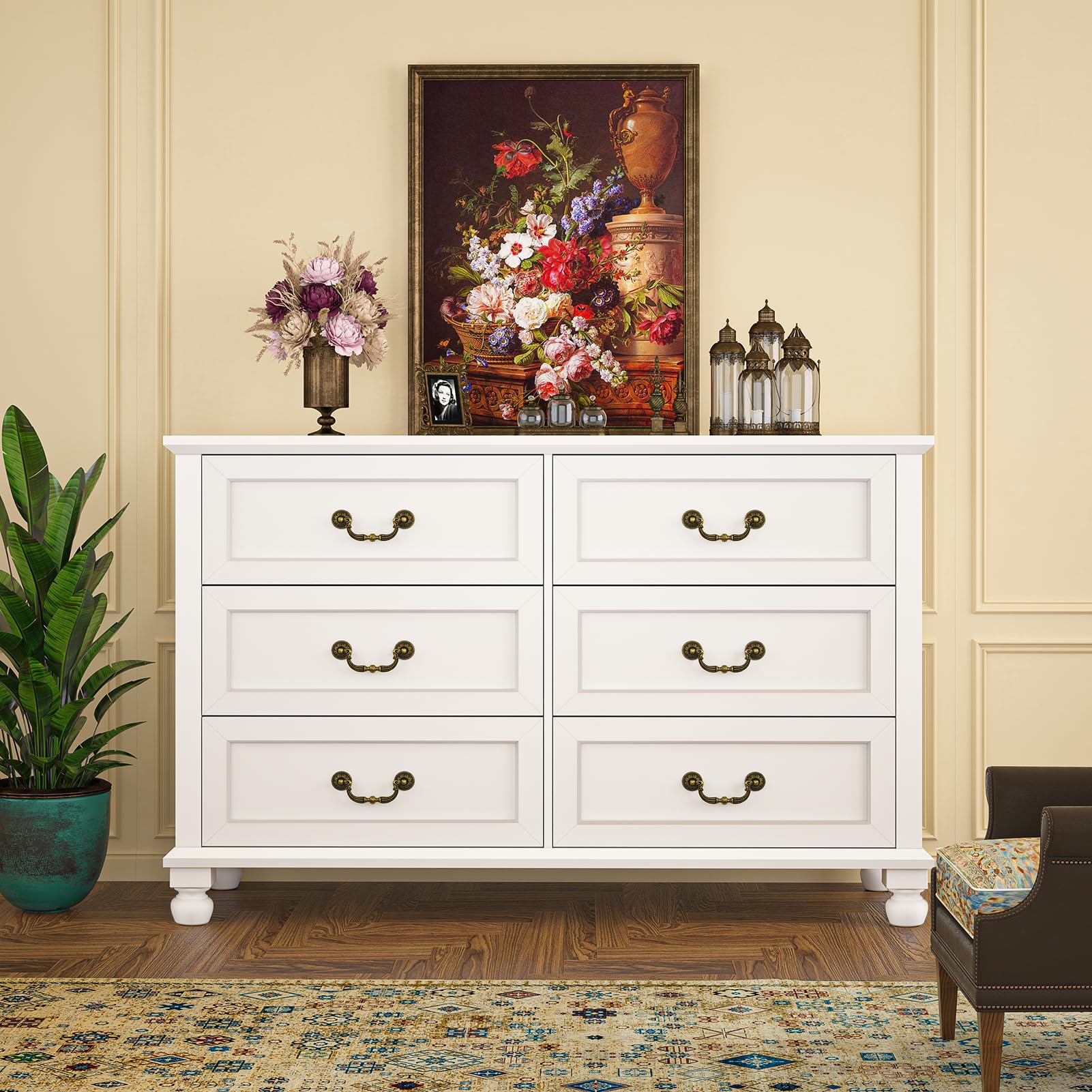 TVU White 6 Drawer Dresser for Bedroom, Vinatge Wood Chest of Drawers with Wide Storage Cabinet (White)