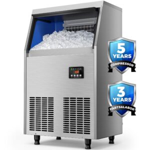 coolski commercial ice maker machine, 100lbs/24h stainless steel under counter ice maker with 34lbs ice bin, freestanding ice maker for restaurant, home, bar, office, school, party