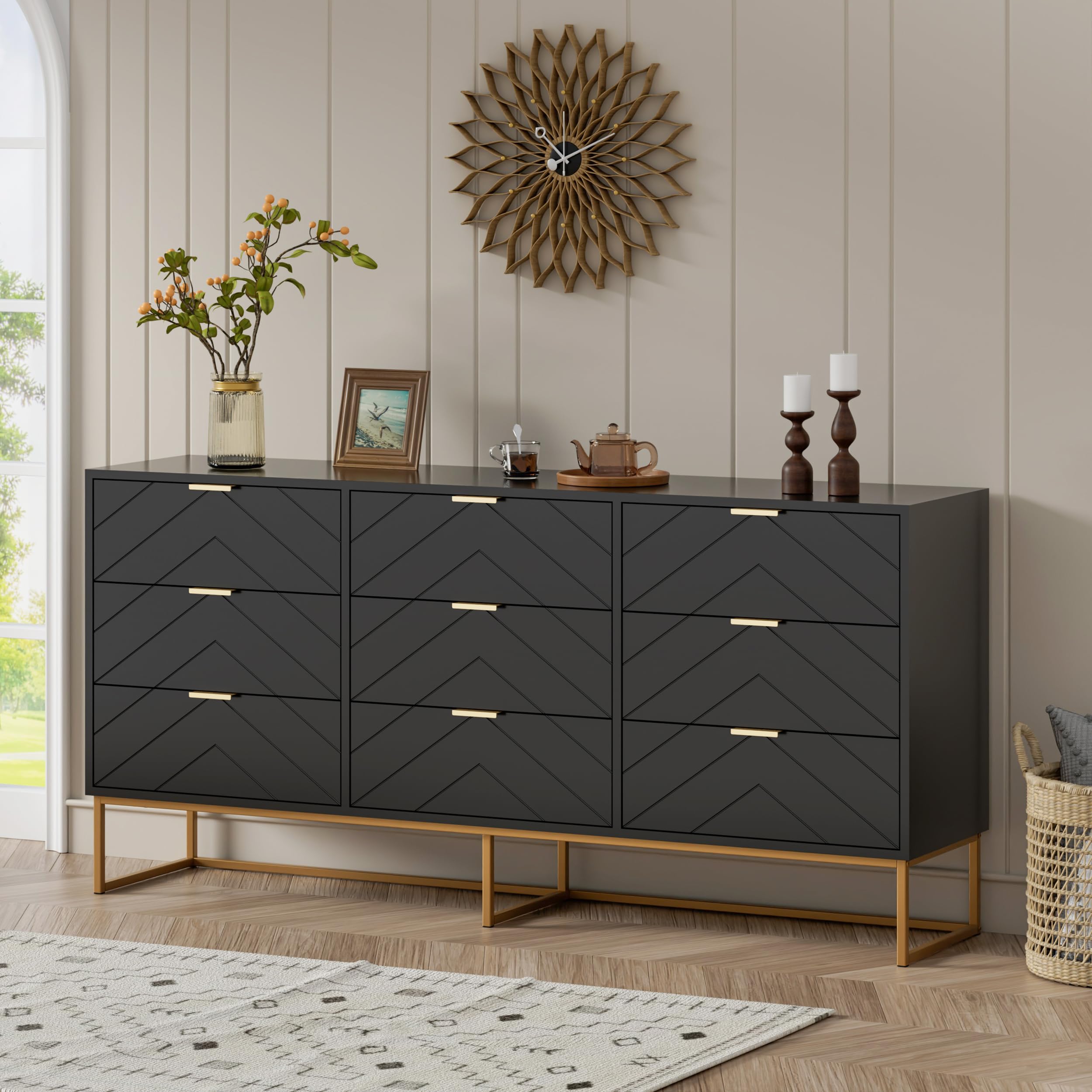 Scurrty Large 9 Drawer Dresser,59 inch Dresser with Chest, Black Storage Dressers,Storage Cabinet for Bedroom, Dressers for Living Room, Bedroom etc.