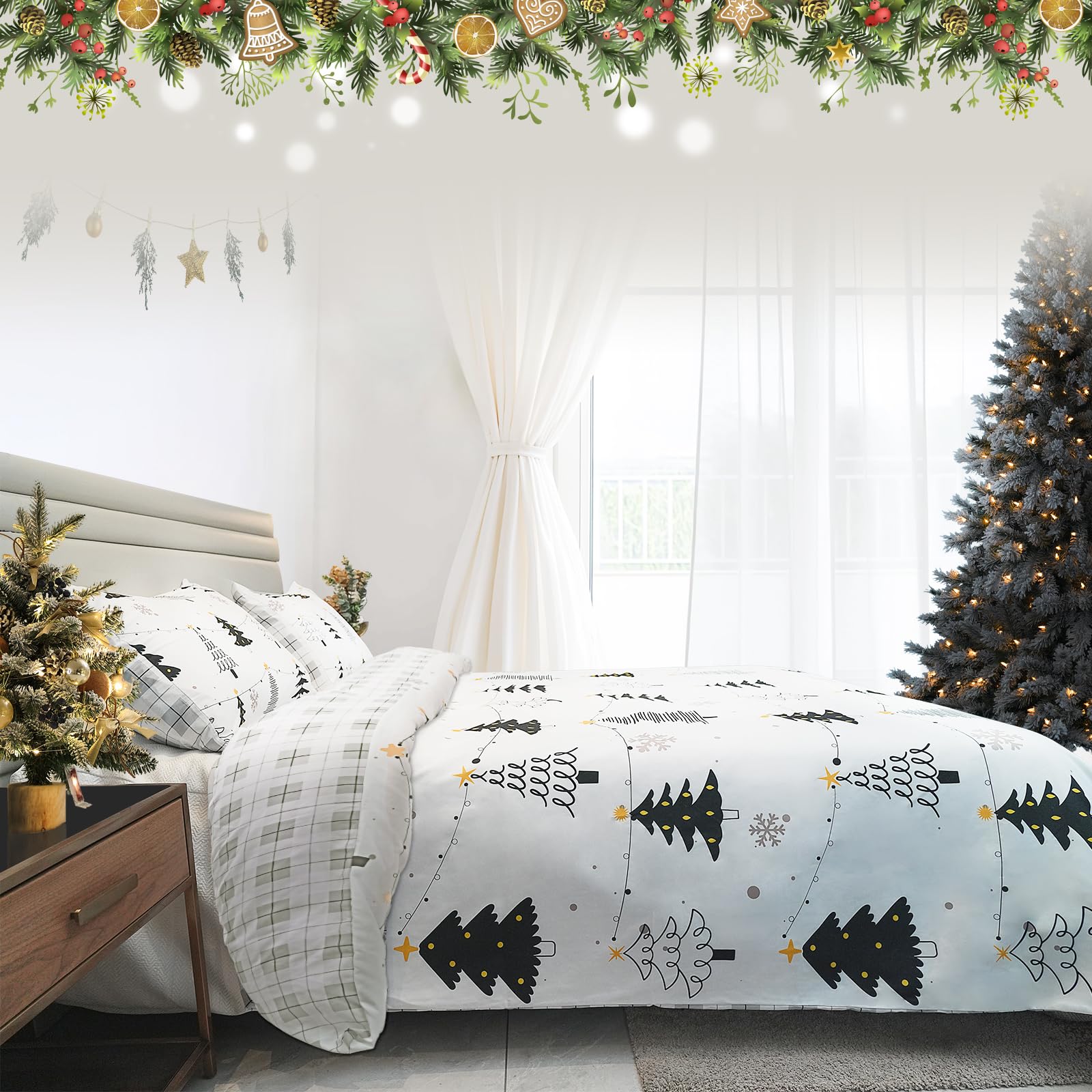 JANSHU 3 Piece Christmas Duvet Cover Queen Size Set, Black Christmas Tree Duvet Cover Set, Christmas Duvet Cover Set with Zipper Closure and Corner Ties, 1 Duvet Cover Queen Size and 2 Pillow Shams.