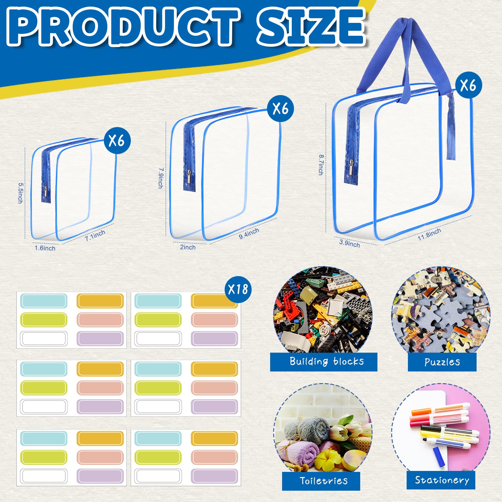 18 Packs Large Toy Storage Bags with Labels, Clear PVC Bags Travel Waterproof Kids Toy Organizer Bags with Zipper for Building Blocks Puzzle Kids Books (Blue)