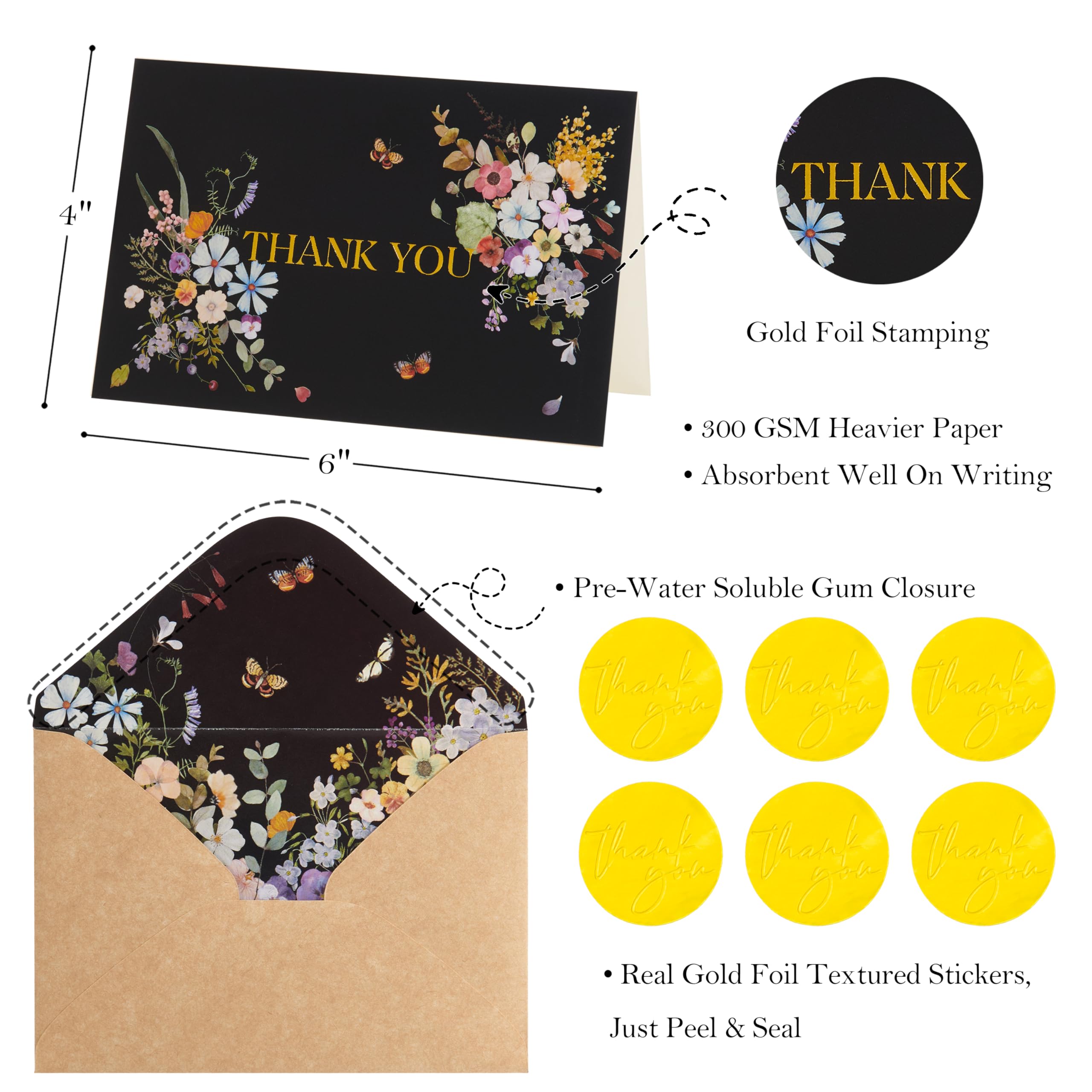 Crisky Black Floral Thank You Cards with Envelopes 50 Pack bulk 4x6 Inch Kraft envelopes Gold Foil Flower Greeting Cards For Baby Shower, Wedding, Bridal Shower, Graduation, 3 assortment