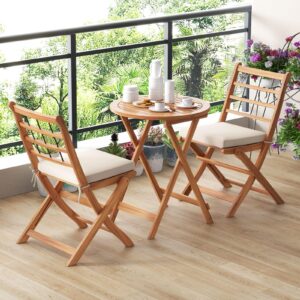 HAPPYGRILL 3 Pieces Acacia Wood Patio Bistro Set, Folding Outdoor Table and Chairs Set with Cushions, Outdoor Patio Furniture Set for Porch, Balcony, Deck, Garden, Backyard