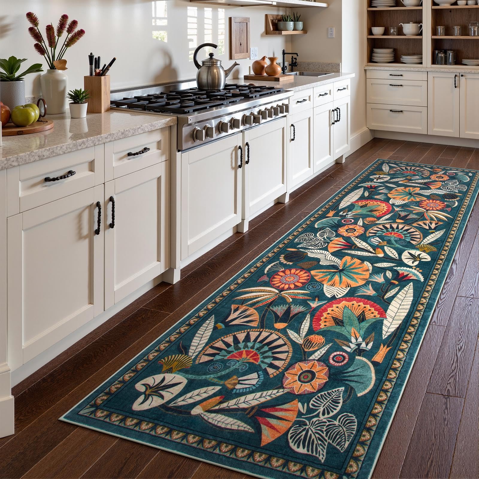 Zealude Egypt Floral Green Kitchen Runner Rug, 2'6''x8' Washable Boho Hallway Bathroom Rug Runner, Non Slip Botanical Vintage Throw Carpet Runner for Living Laundry Room Entry (Dark Green,2'6''x8')