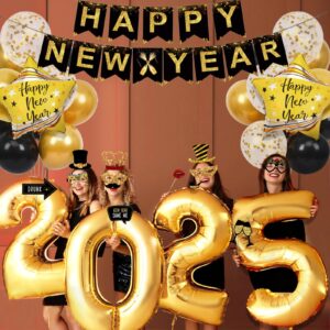 2025 Happy New Years Decorations Set New Years Eve Party Supplies 2025, Happy New Year Banner, Gold Numbers 2025 New Year Balloons, New Year Photo Props and Happy New Year Glasses