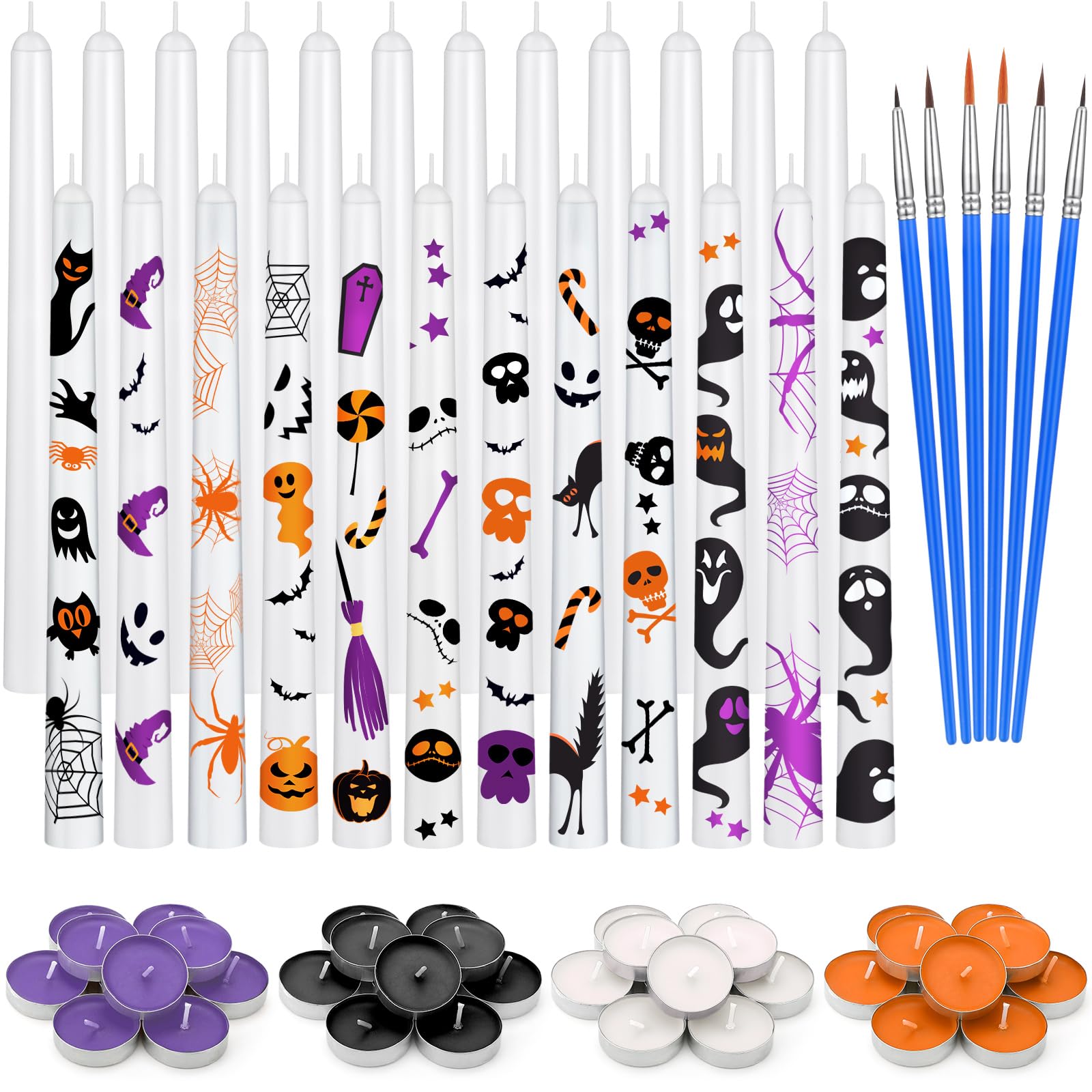 MTLEE 78 Pcs DIY Candle Painting Kit Include 12 White Taper Candles 60 Colored Tealight Candles 6 Paint Brushes for Candles Crafts Birthday Wedding Party Favors(Halloween Color)