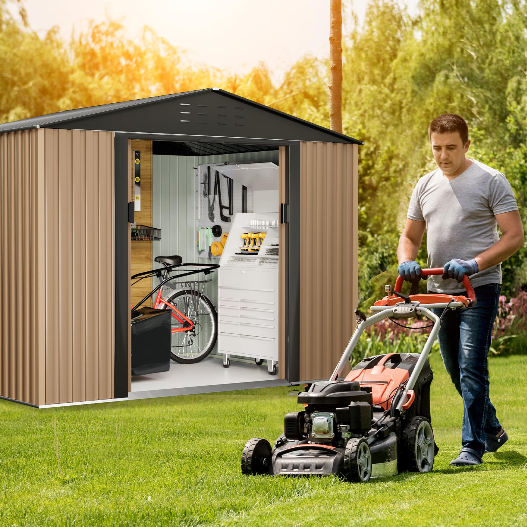 CuisinSmart Storage Large Metal Storage Shed, 8 x 6 FT Outdoor Storage Shed, Metal Garden Tool Shed with Roof, Door & Lock, Waterproof and Anti-UV, for Patio Garden Yard, Brown