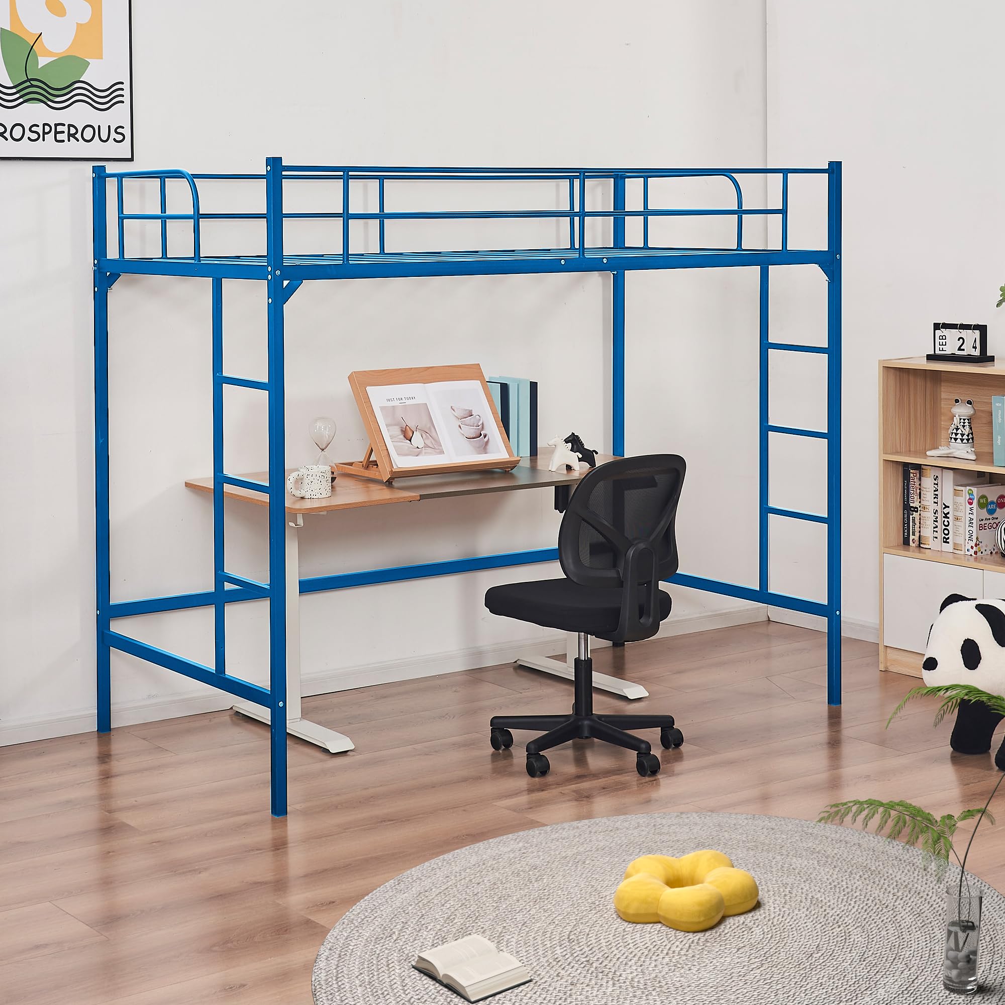 Pipleo Loft Bed Twin Size Metal Frame, Multifunctional Loft Bed with Ladder and Guardrail, Space-Saving, Modern Industrial Style, No Box Spring Needed