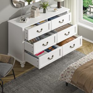 TVU White 6 Drawer Dresser for Bedroom, Vinatge Wood Chest of Drawers with Wide Storage Cabinet (White)