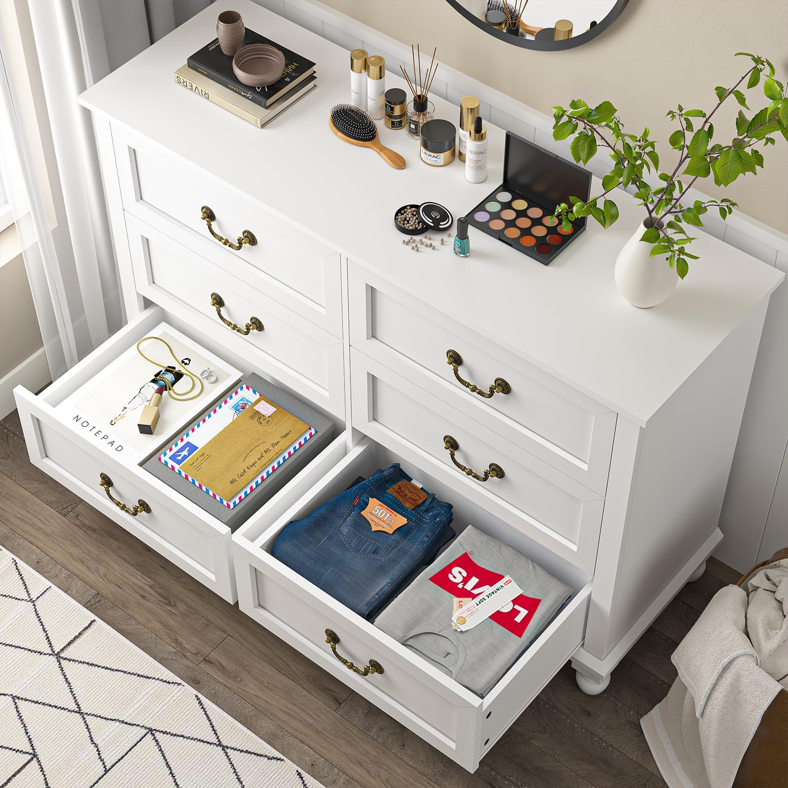 TVU White 6 Drawer Dresser for Bedroom, Vinatge Wood Chest of Drawers with Wide Storage Cabinet (White)