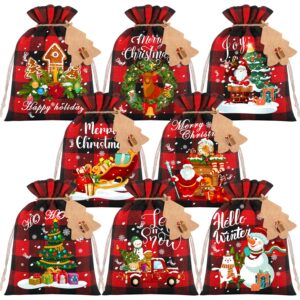 24pcs small burlap bags, 5x7in christmas drawstring treat bags xmas red plaid linen gift bags reusable candy goodie wrapping bags for holiday party favors supplies (8 designs)